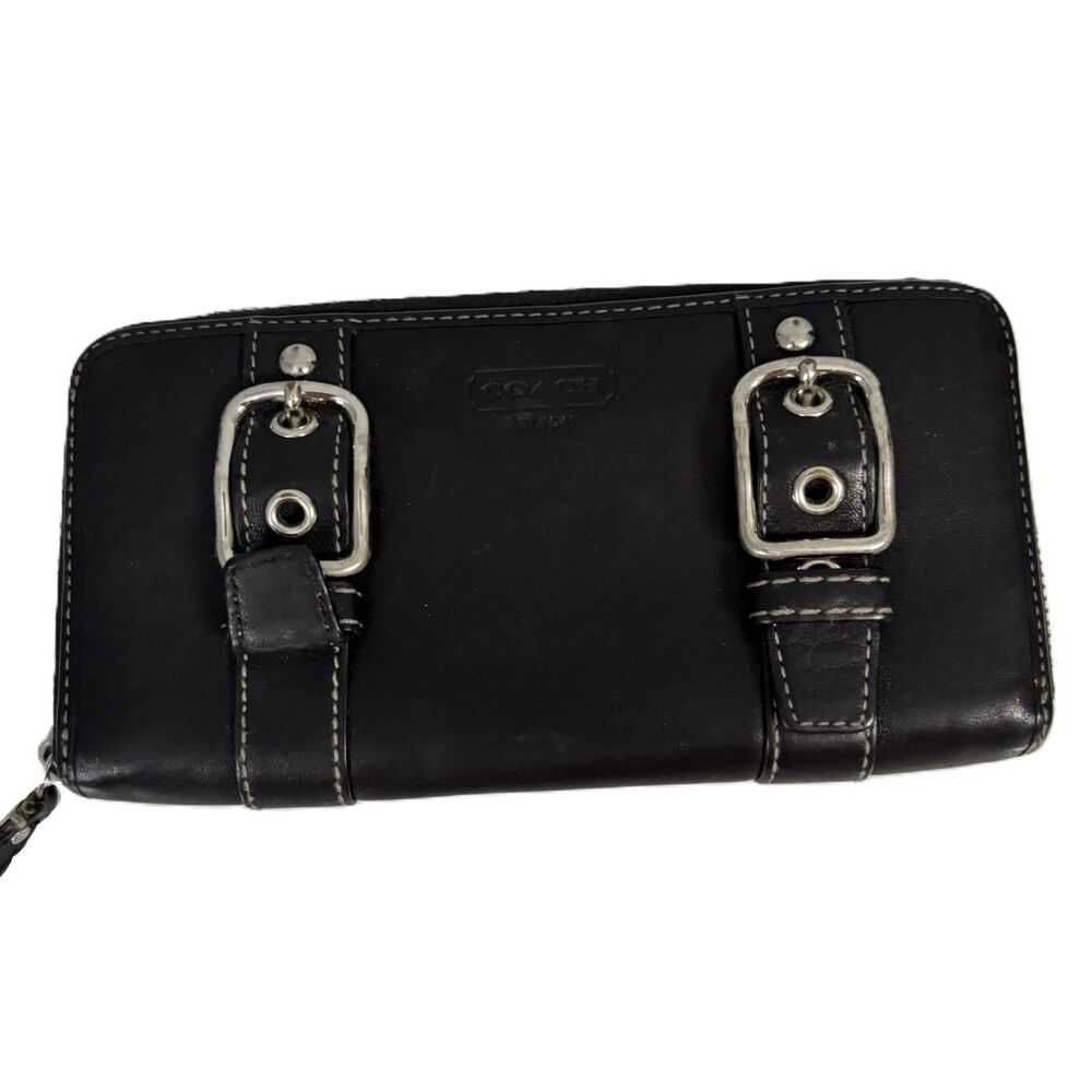 Coach Soho Zoe Continental Wallet Buckle Detail Zip Around Black Leather